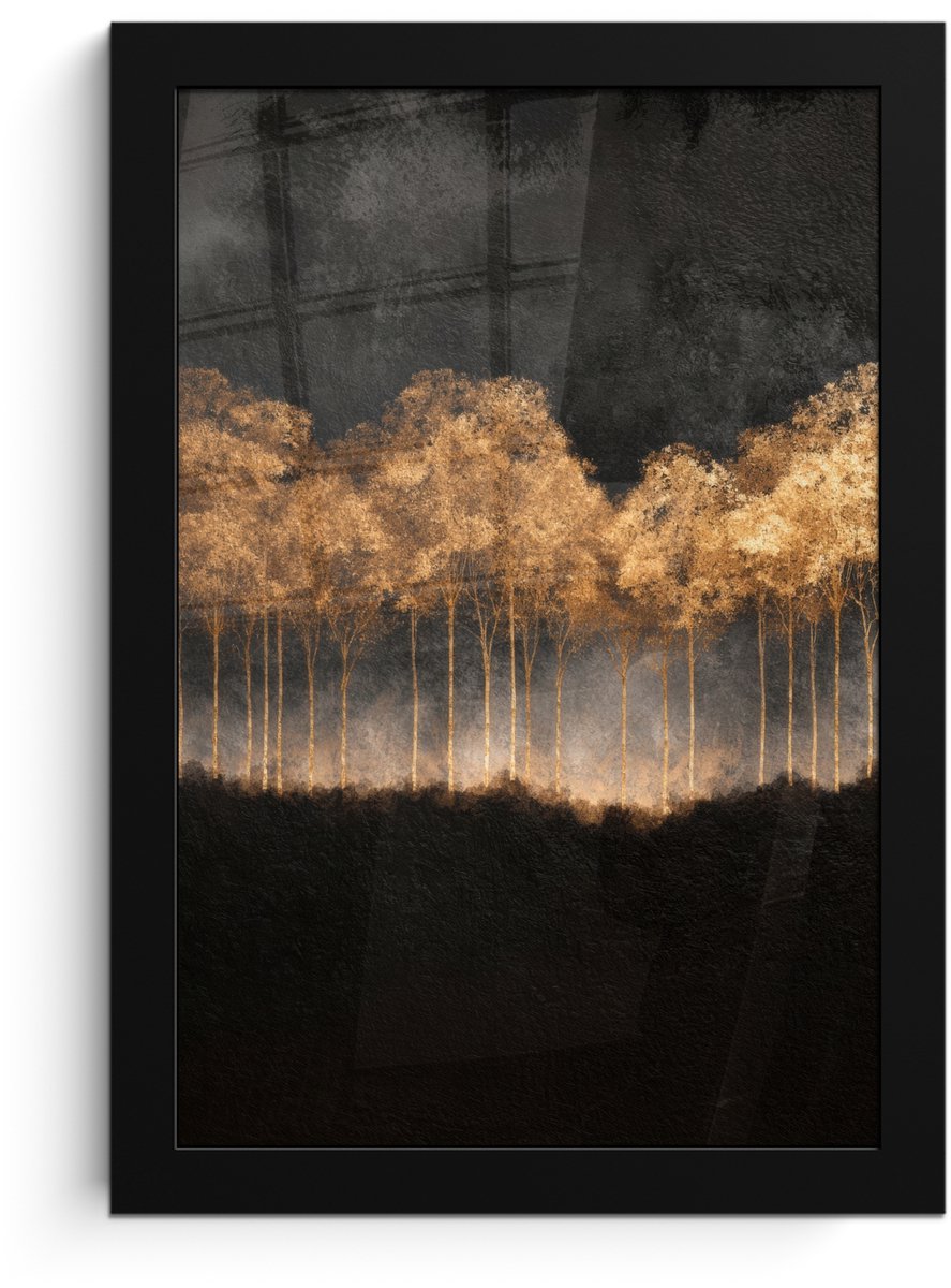 FrameYourWall Poster in lijst - Fotolijst 20x30 cm - Posters - Gouden Bomen in Mistig Landschap - Posterlijst zwart - Decoratie - Wanddecoratie woonkamer - Muurdecoratie slaapkamer Bomen - Mist - Goud