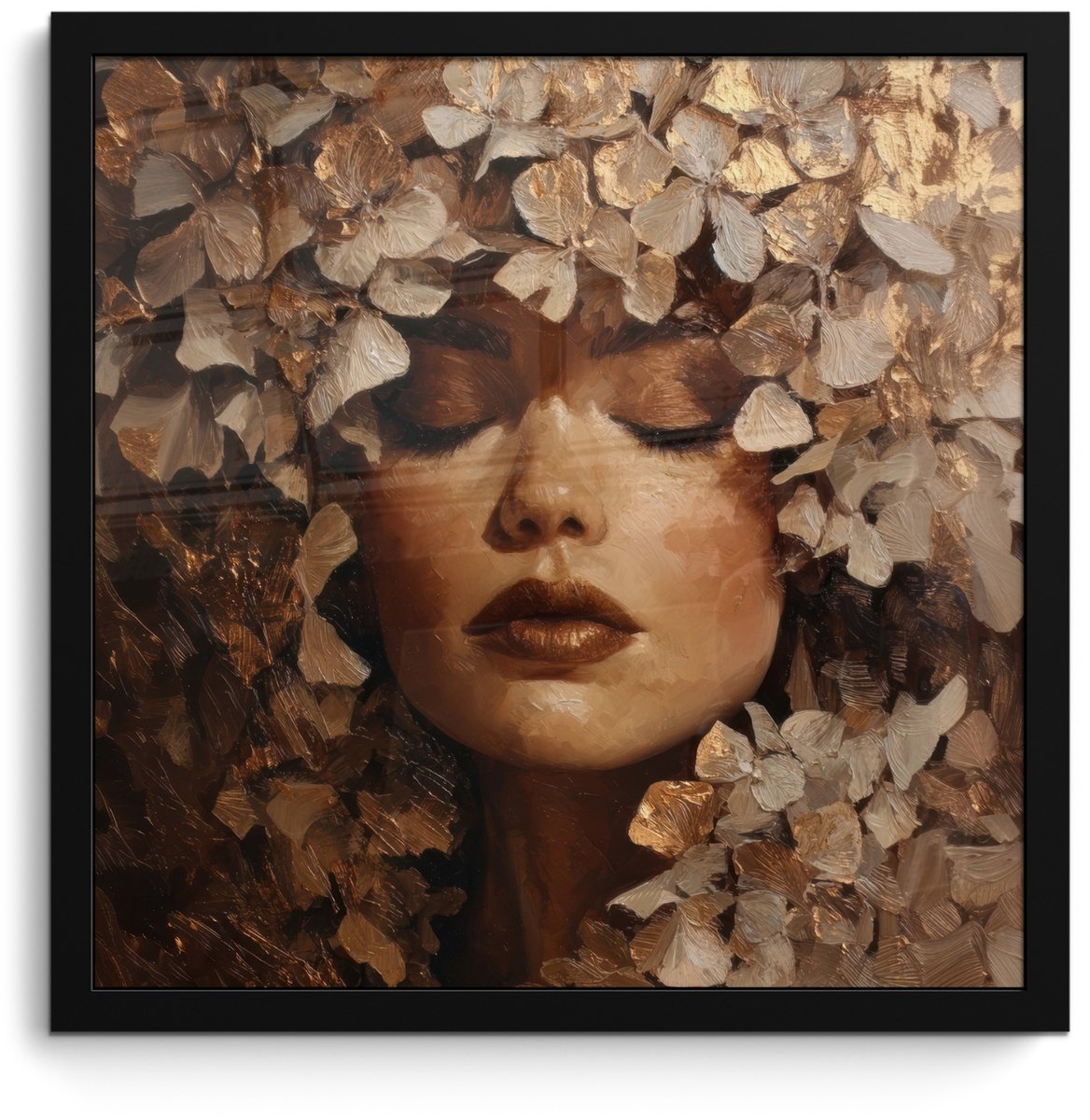 FrameYourWall Poster in lijst - Fotolijst 40x40 cm - Posters - Gezicht - Vrouwe - Bladeren - Penseelstreken - Posterlijst zwart - Decoratie - Wanddecoratie woonkamer - Muurdecoratie slaapkamer Gezicht - Vrouw - Bladeren