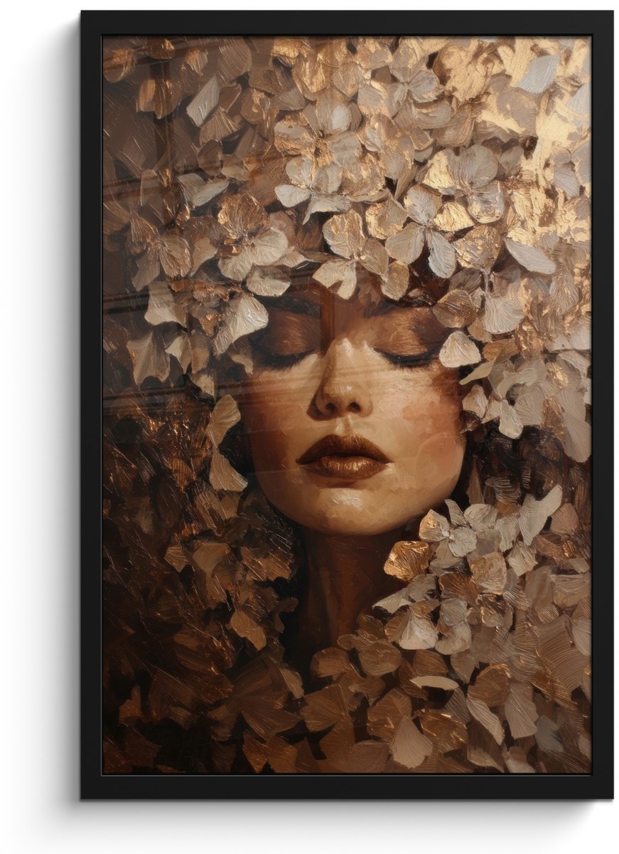 FrameYourWall Poster in lijst - Fotolijst 40x60 cm - Posters - Gezicht - Vrouwe - Bladeren - Penseelstreken - Posterlijst zwart - Decoratie - Wanddecoratie woonkamer - Muurdecoratie slaapkamer Gezicht - Vrouw - Bladeren