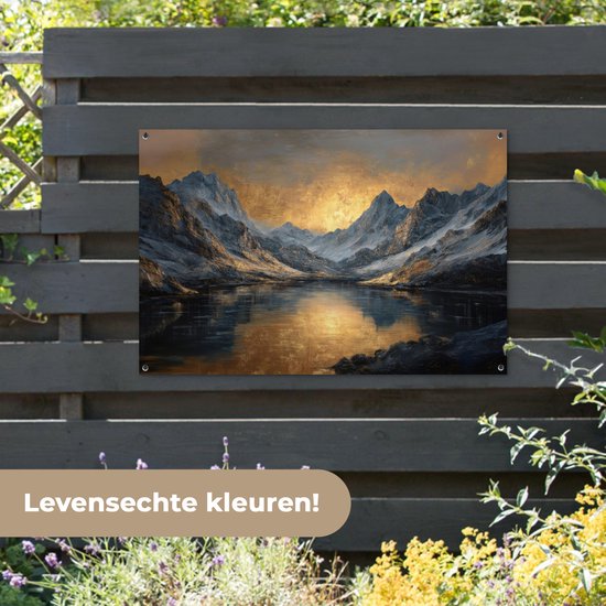 Affiche de jardin 120x80 cm - Décoration de jardin Paysage montagneux avec Coucher de soleil doré - Affiche pour le jardin - Décoration extérieure - Peinture de clôture de jardin - Toile de jardin décoration murale - Décoration murale toile de balcon