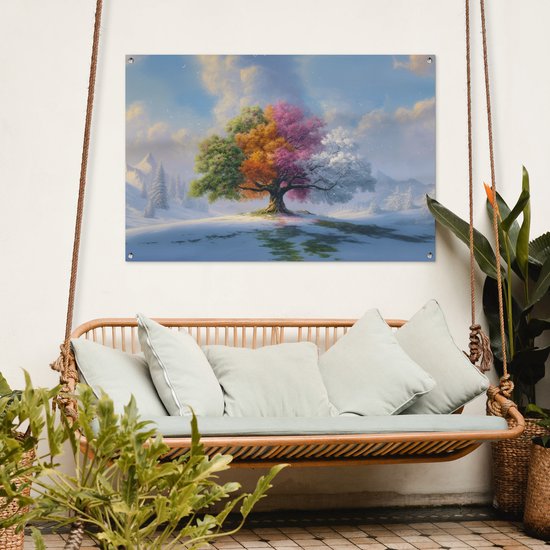 Tuinposter 120x80 cm - Tuindecoratie Boom - Seizoenen - Winter - Landschap - Poster voor in de tuin - Buiten decoratie - Schutting tuinschilderij - Tuindoek muurdecoratie - Wanddecoratie balkondoek