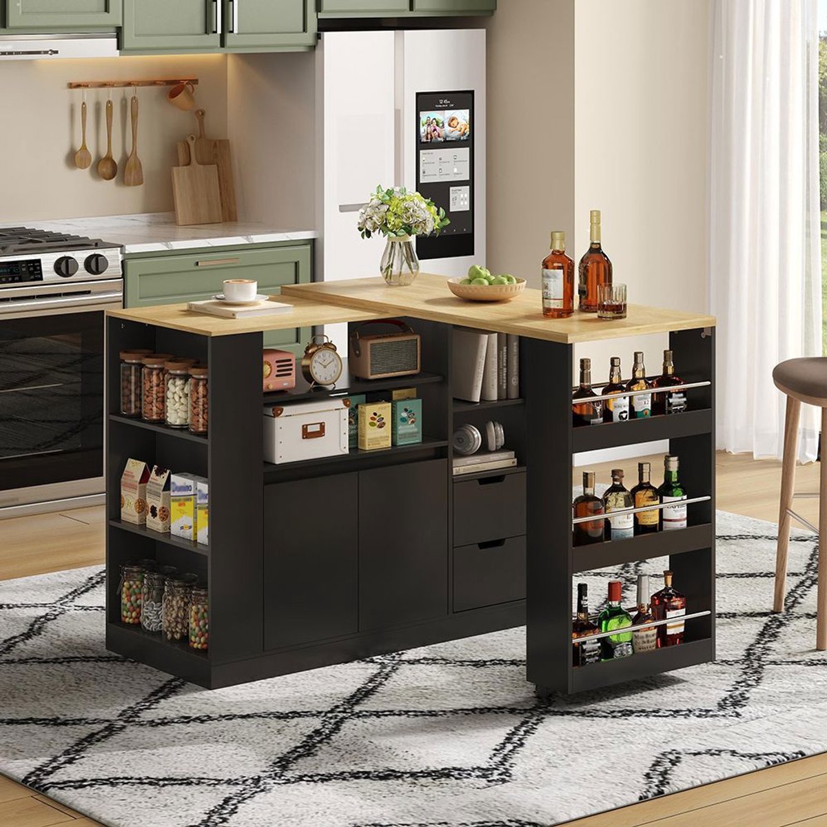 BLACKCOLORS Keukeneiland met uitschuifbaar werkblad, opbergkeukeneiland van 115 cm lang met planken aan drie zijden en twee lades, koffiebar, uitschuifbare eettafel van hout, geschikt voor de eetkamer en de bar