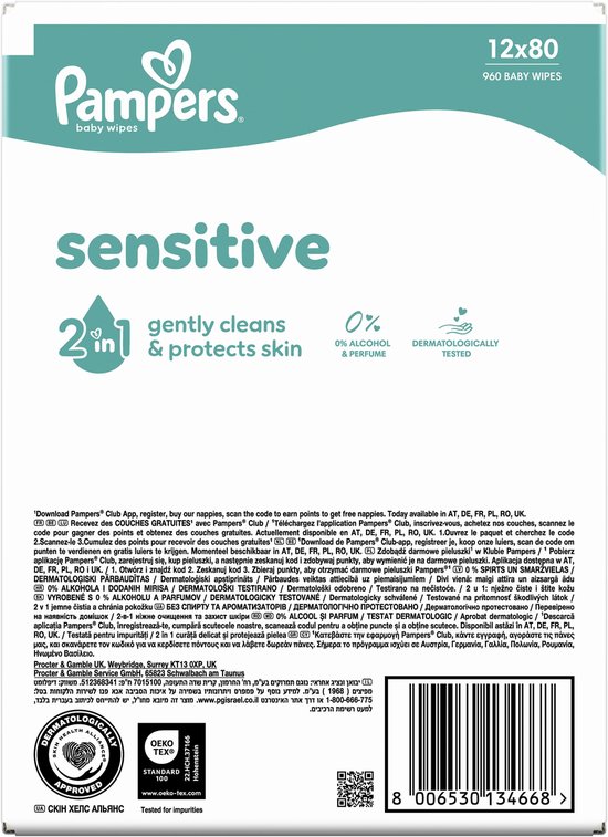 Face avant de l'emballage des lingettes Pampers Sensitive avec "0% alcool & parfum" et "Testé dermatologiquement".