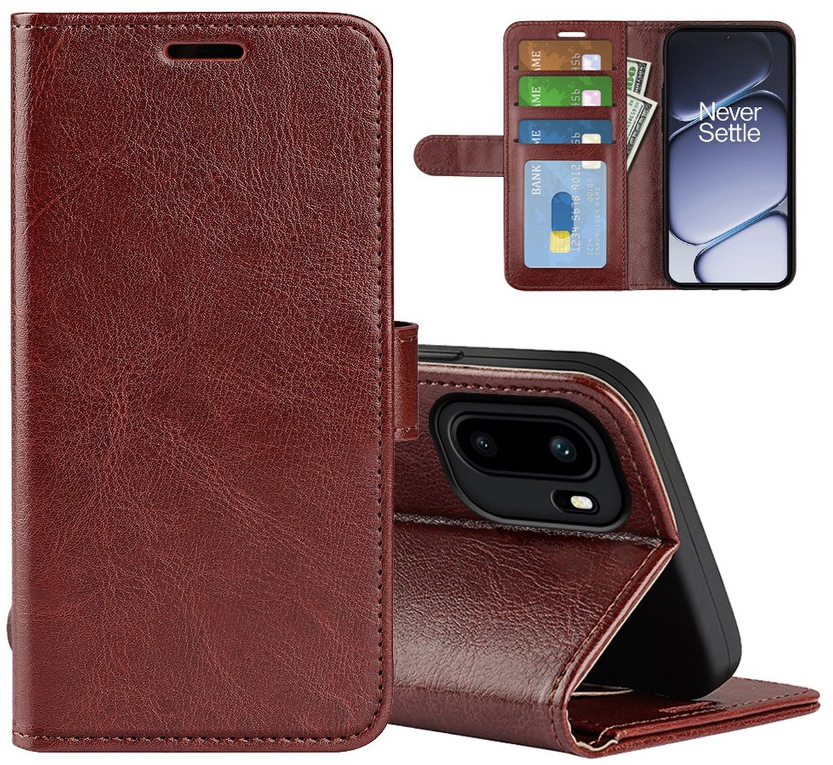 MobyDefend Hoesje - Geschikt voor OnePlus 15R - Wallet Book Case (Sluiting Achterkant) - Bruin