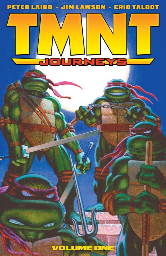 TMNT Journeys Volume One strip met vier groen met rode bandana'sdragende ninja schildpadden.