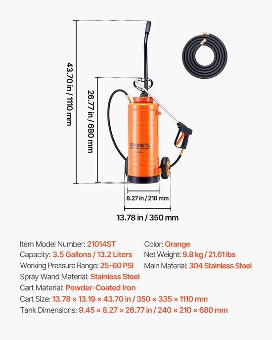 Industriële betonspuit met verrijdbaar onderstel, roestvrijstalen tank van 13,2 liter, duurzame Tri-Poxy-pomp, 52 cm lange spuitlans, slangen van 122 cm en 305 cm, 2 messing spuitmonden voor bouw-, gazon- en tuintoepassingen — afbeelding 2