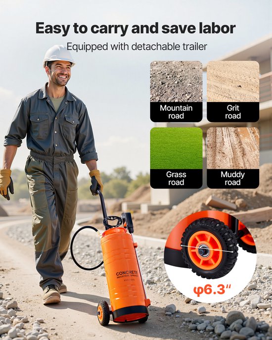 Industriële betonspuit met verrijdbaar onderstel, roestvrijstalen tank van 13,2 liter, duurzame Tri-Poxy-pomp, 52 cm lange spuitlans, slangen van 122 cm en 305 cm, 2 messing spuitmonden voor bouw-, gazon- en tuintoepassingen — afbeelding 5