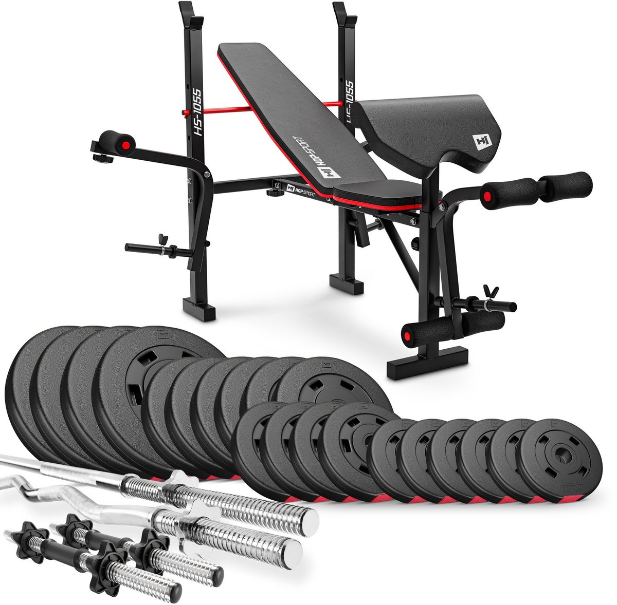 Hop-Sport HS-1055 – Halterbank set – Inklapbaar – 105 kg halterset – Met lange halterstang, SZ-curlstang en korte halterstangen