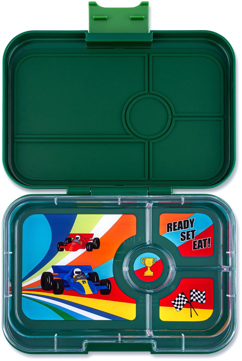 Yumbox Tapas XL - lekvrije Bento box lunchbox - 4 vakken - Greenwich Green / Race Cars tray