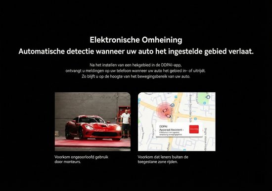 Elektronische afrastering: automatische detectie wanneer de auto het ingestelde gebied verlaat. Rode sportwagen, kaart met geofence.