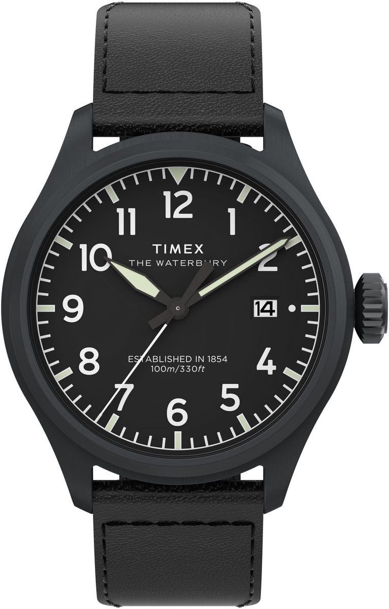 Timex Waterbury Ace Quartz Analoog Horloge Zwart Kast: 100% Roestvrij Staal | Armband 100% Leer 41 mm TW2Y18900AJ