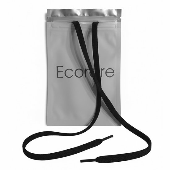 Zwarte platte veters in een transparante Ecorare verpakking.