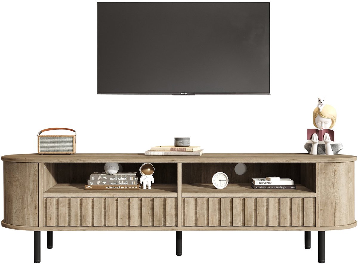 Merax Tv Meubel Naturelhoutkleur Met 2 Schuifladen En Open Vakken - Televisiemeubel 160 X 40 X 48 Cm - Tv Kast Met Afgeronde Hoeken En 5 Poten - Geschikt Voor Tv Tot 65 Inch