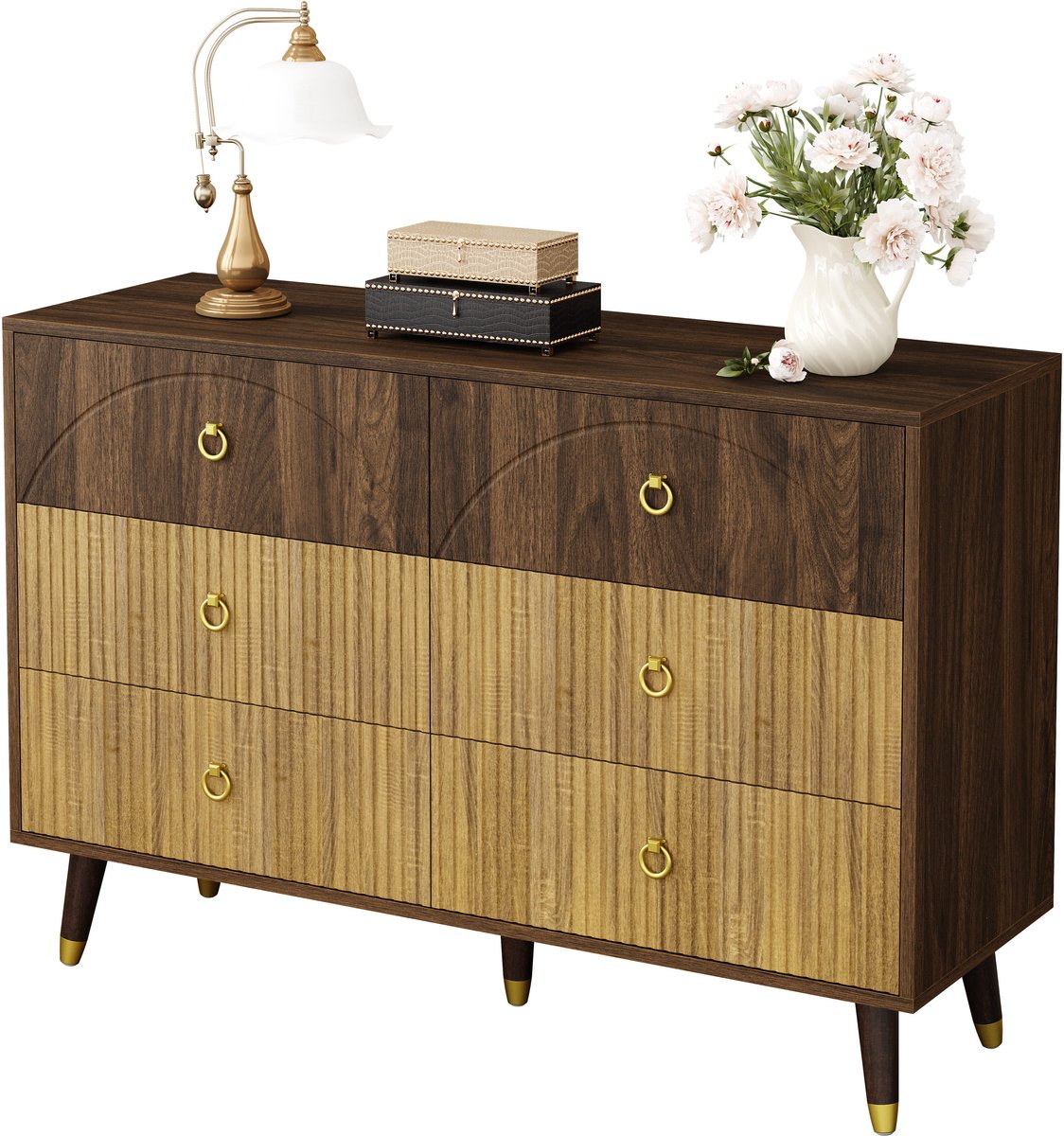 Merax Ladekast Met 6 Lades - Retro Dressoir Met Houtnerf In Donkerbruin En Licht Eikenlook - Goudkleurige Ringgrepen - 120 X 40 X 81 Cm