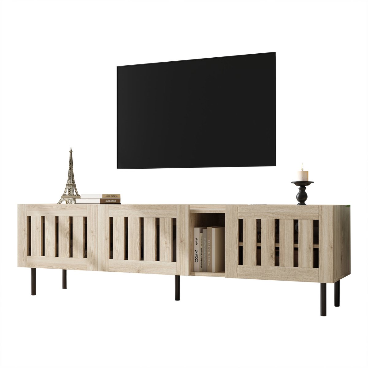 Merax Televisiemeubel Met Latten Deuren - Laag Tv Meubel In Houtlook - 160 X 40 X 47 Cm - Met Open Vakken En Kabeldoorvoer - Voor Televisie Tot 65 Inch