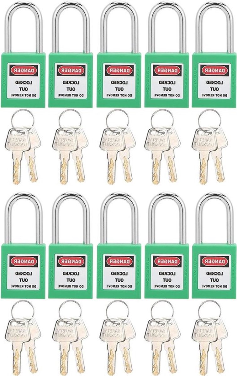 10 Sets Nylon Tagout-slot 38 Mm Groen - 20 Vervangende Sleutels - Industriële Beveiliging - Sloten en Accessoires