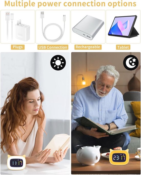 Witte LED Kinderwekker met Verstelbare Helderheid en 18 Melodieën - Digitale Nachtwekker voor Kinderen met USB Oplaadpoort van Merkloos — afbeelding 5