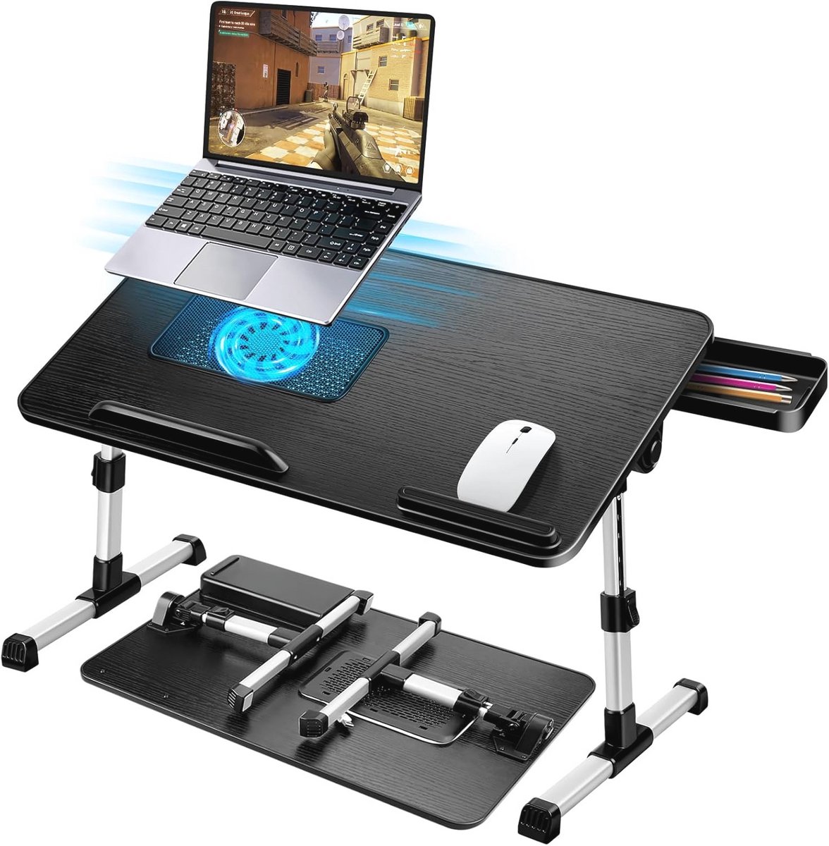 Verstelbare Laptoptafel voor Bed - Inklapbare Bedtafel met Koelventilator en Lade - Zwart
