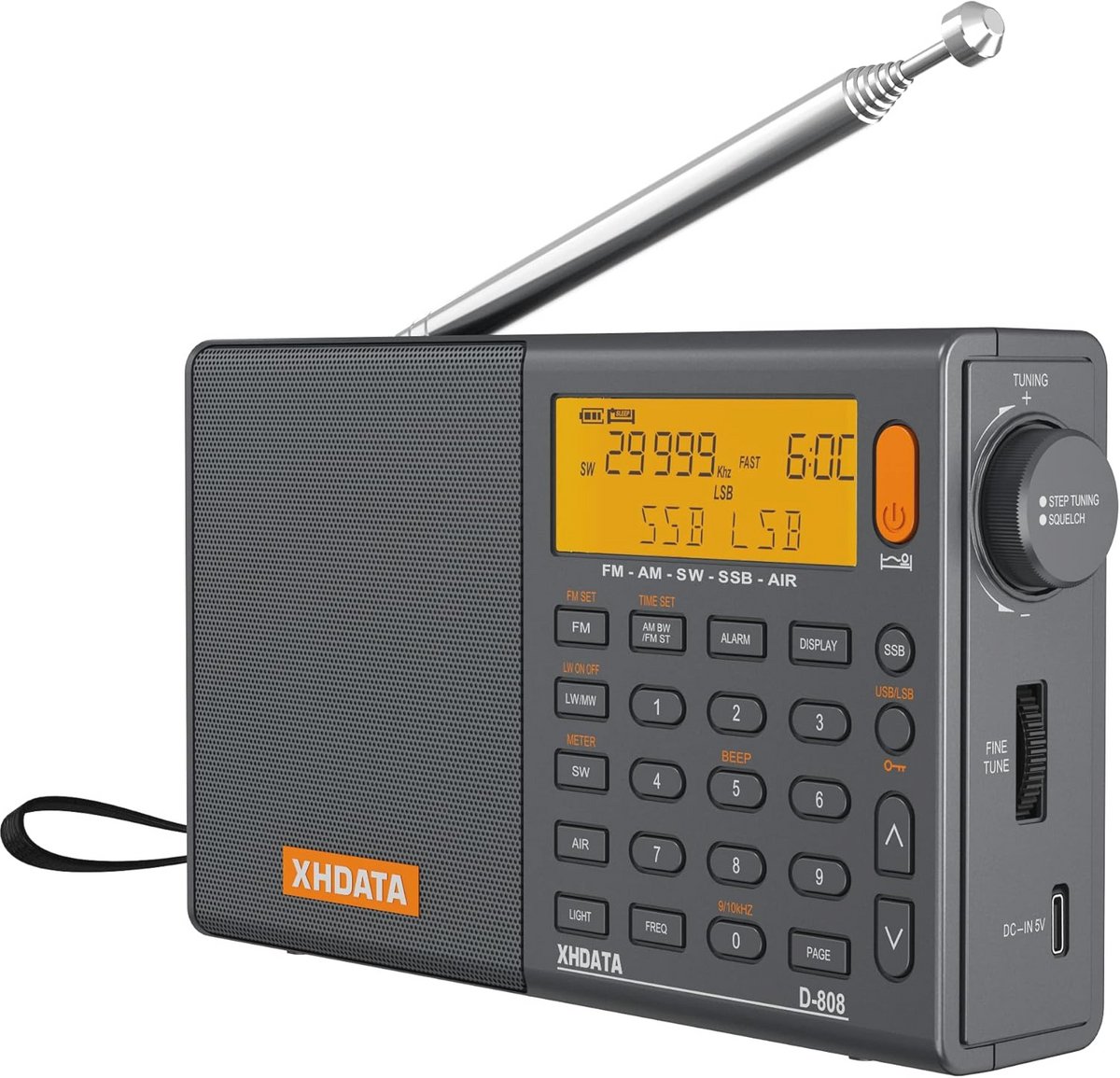 Draagbare digitale radio met LCD-display, FM/MW/LW/SSB RDS en wekker