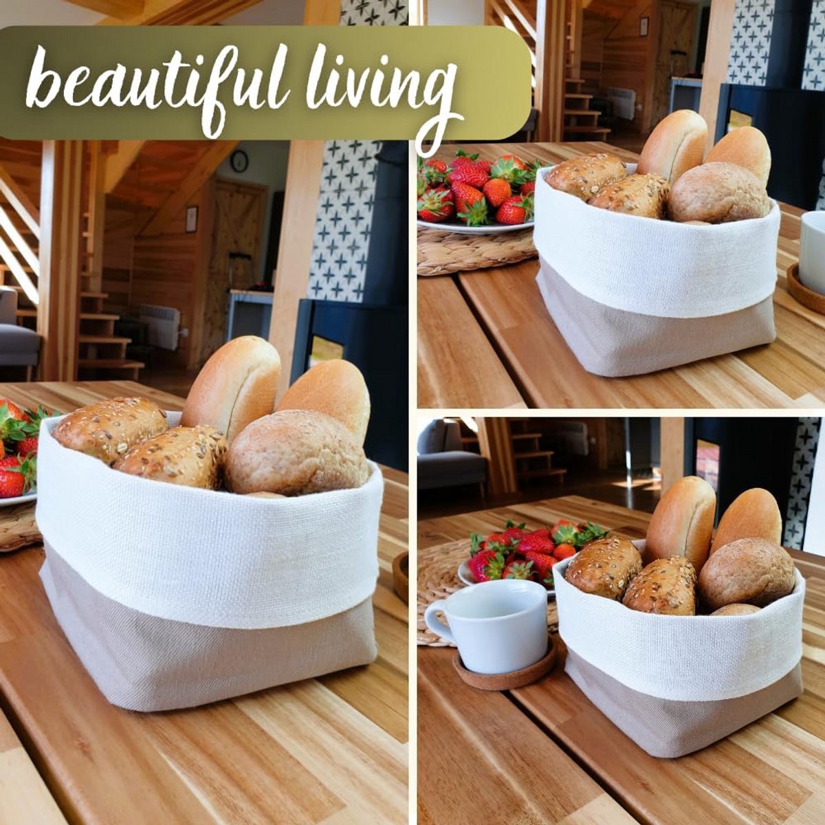 Moderne Vierkante Broodmand/Broodzak van Linnenmix voor Tafel