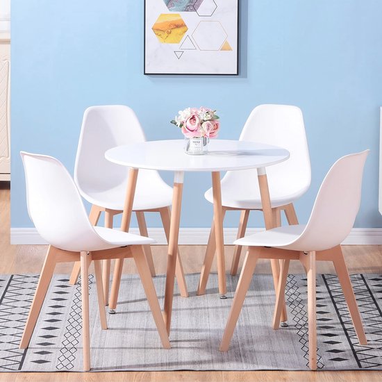 Ronde Eettafel met 4 Scandinavische Stoelen Set - Massief Houten ...
