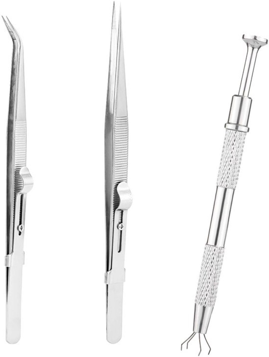 KARZO - 3-delige Grijptool Set - Aluminium Gereedschap met 2 Pincetten en Klauw voor Sieraden(Goud)