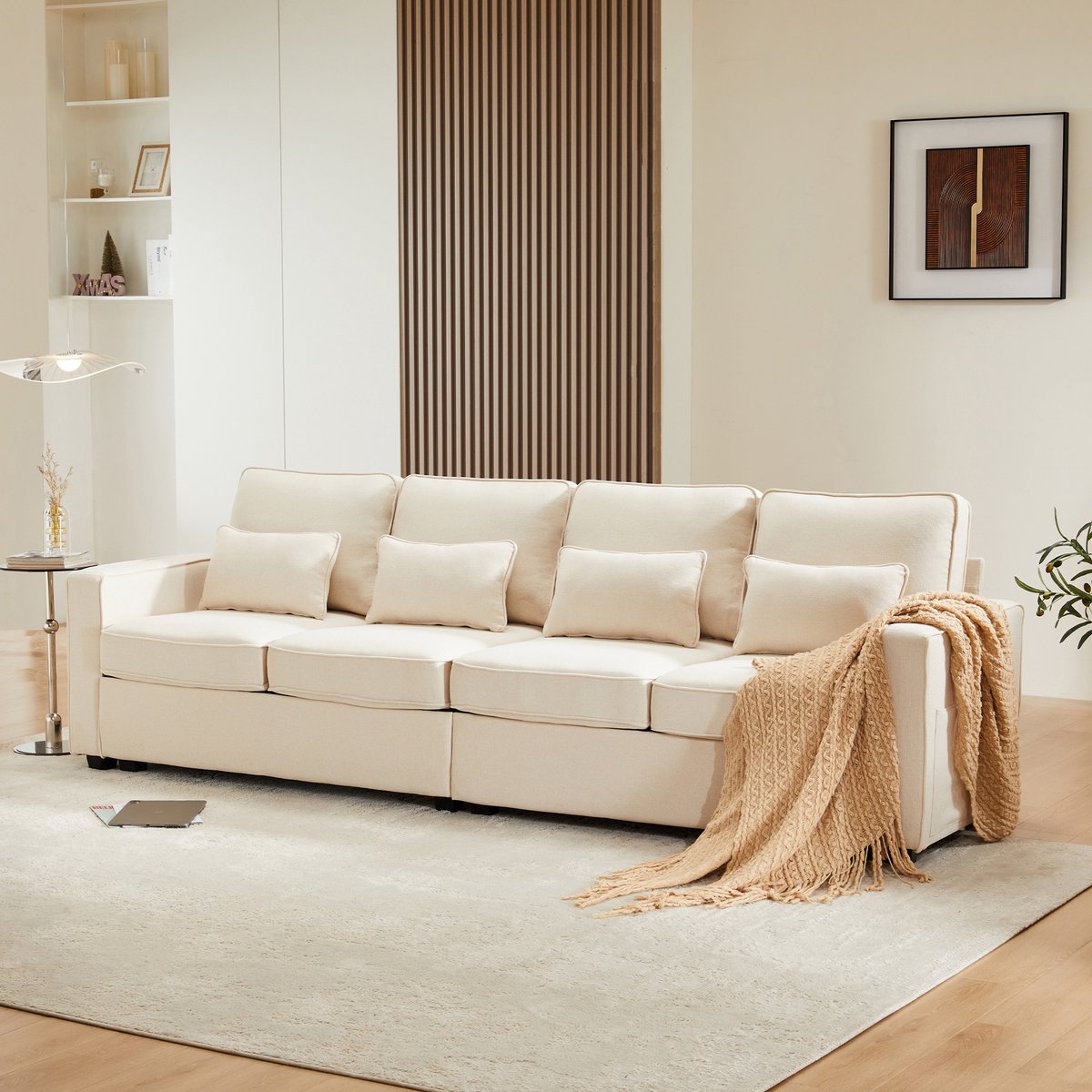 Merax Moderne vierpersoonsbank met armleuningzak en 4 kussens - minimalistische stijl - voor woonkamer - appartement of kantoor - beige