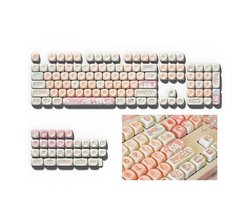 132-toetsen MOA-hoogte PBT-keycaps – Set keycaps met aardbeikat-thema, sublimatieprint, beige en lichtroze, geschikt voor de meeste mechanische toetsenborden.