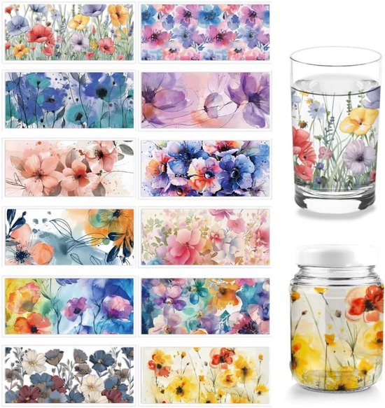 12 motifs de fleurs à l'aquarelle sur des feuilles. Motifs de coquelicots et autres fleurs de diverses couleurs, également appliqués sur un verre et un pot.