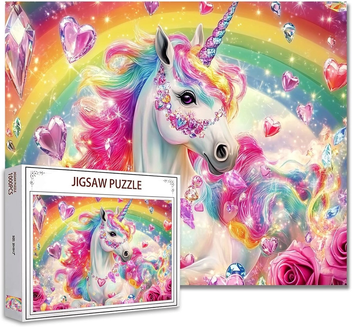 1000 Stuks Puzzel: Kleurrijke Regenboog Eenhoorn met Edelstenen en Rozen
