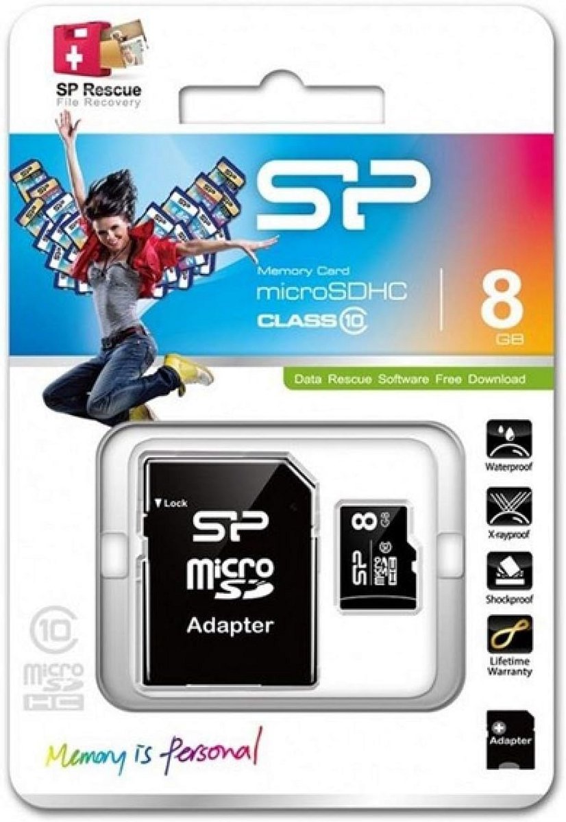 microSD-geheugenkaart 8 GB Class 10 met adapter voor smartphone en tablet