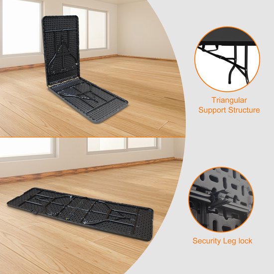 Klaptafel 244 cm - Draagbare Heavy Duty Vouwtafel met Handvat - Multifunctioneel voor Camping Picknick Indoor Outdoor - Kunststof - Zwart — afbeelding 3
