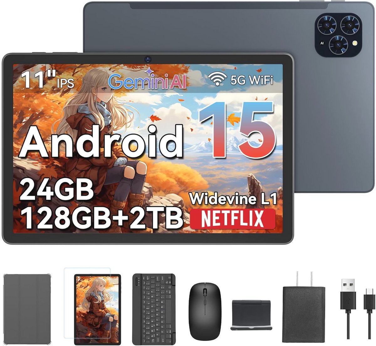 Android Tablet met Toetsenbord - 24 GB RAM, 128 GB Opslag, 11 Inch FHD Scherm, 5G WiFi