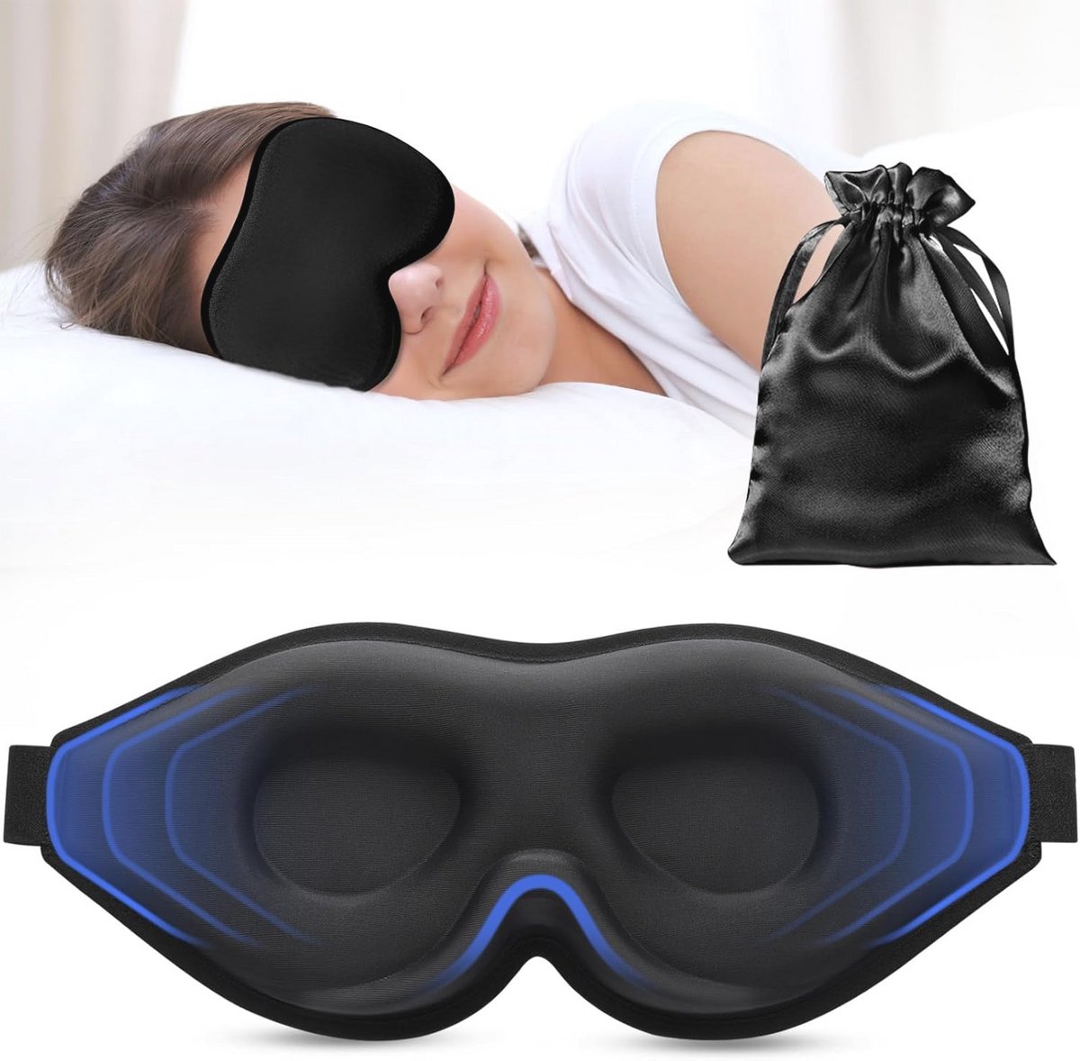 3D Slaapmasker voor Zijslapers - 100% Opaque met Verzonken Ogen, Zacht en Comfortabel, Inclusief Opbergtas, Ideaal voor Reizen - Zwart