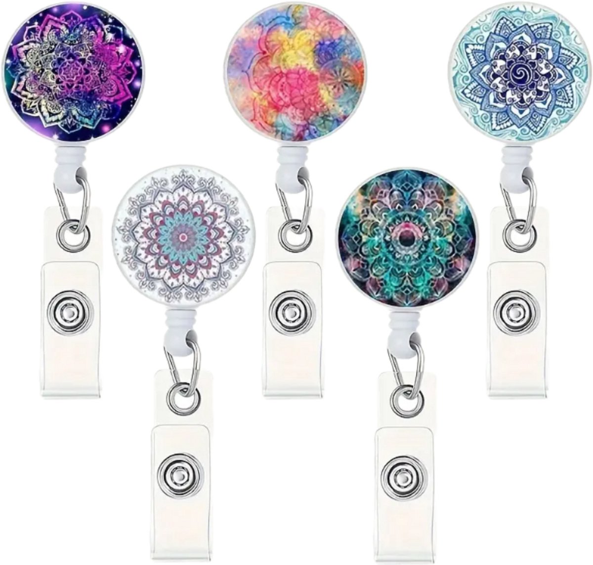Mj Joys® - Badgehouder met trekkoord - 5-delige Set - Uitschuifbare Badgehouders met Clip - Badgehouder met afrolmechanisme - Badge houder - Badgehouder met koord - Badgehouder - Badgehouder met trekkoord - Mandala
