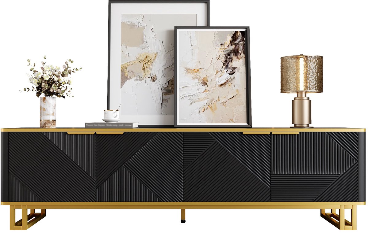 Clruro TV-kast - Vier Deuren - TV-standaard - Geometrisch Design - 160 x 37,5 x 48 cm Zwart