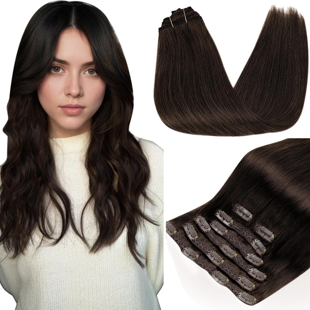 Clip-in Haarverlenging Echt Haar Donkerbruin 7 Delen Set