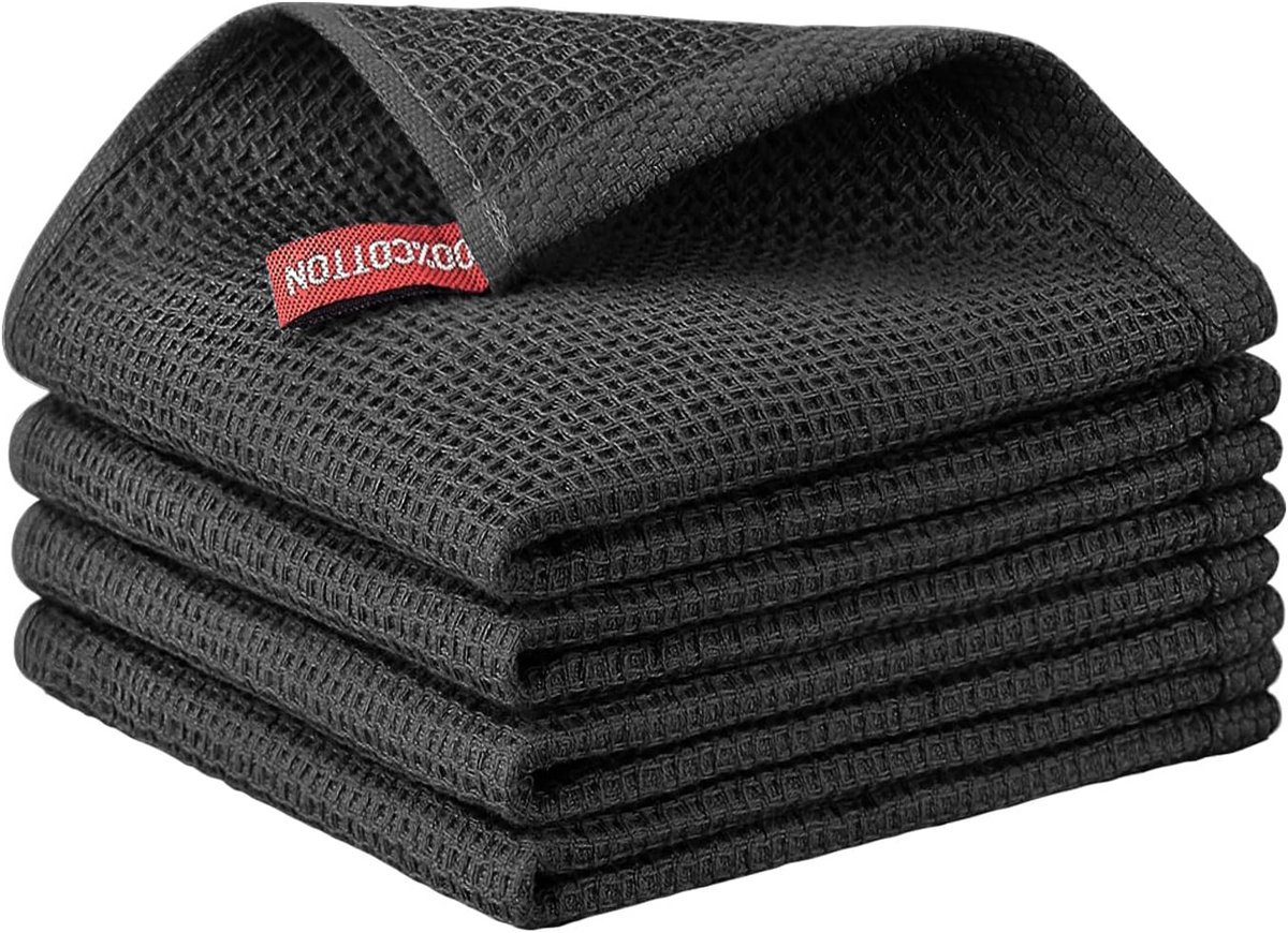 Set van 4 Wafel Keukendoeken - 100% Katoen, Zwart, Zeer Absorberend en Sneldrogend