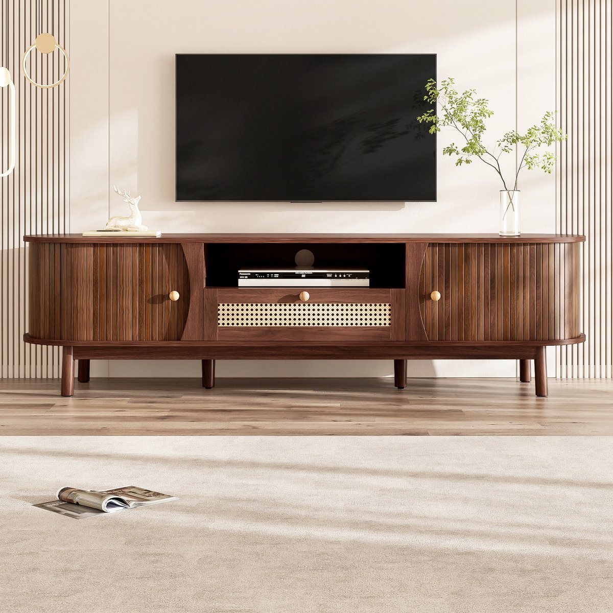 PHOEBE CAT TV-kast - Walnoot afwerking - Met rotan laden - Schuifdeuren - Bruin