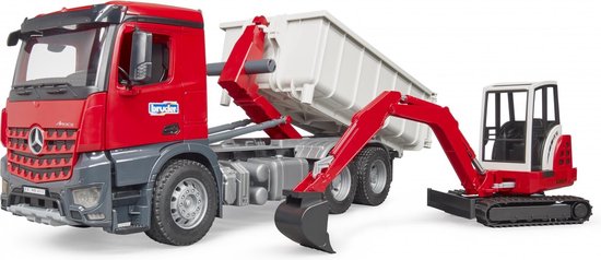 Bruder - MB Actros Truck with Roll-off container + Schaeff HR16 Mini Excavator (BR3624) - Bruder