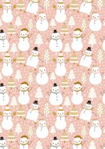 Kerst inpakpapier papier Sneeuwpop Roze- Breedte 60 cm - 200m lang