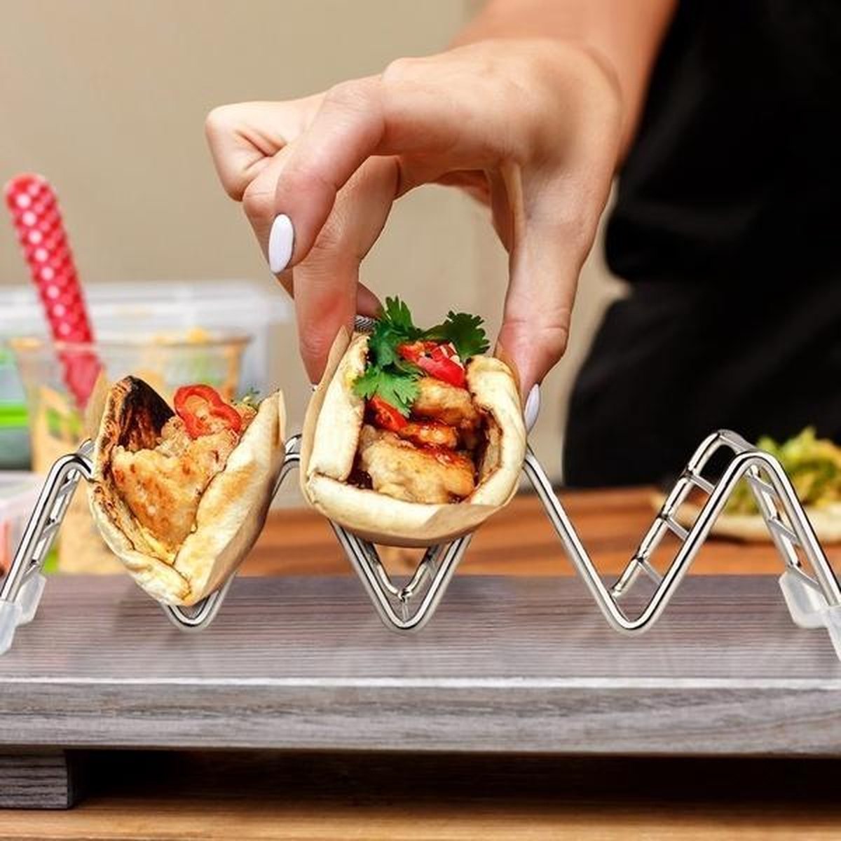 Set van 2 Taco-houders van roestvrij staal, tacos-tablets, taco-houder van metaal, taco-houder met handgrepen van roestvrij staal voor taco's, saucisses grillées, crêpes