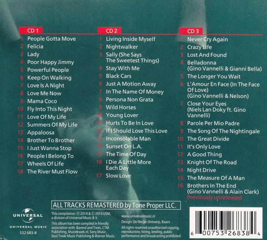 Gezicht van Gino Vannelli met lijst met nummers voor 3 cd's, "Collected", 51 nummers.