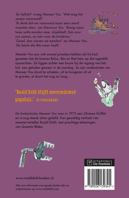 Boekcover met illustratie van een vos, Poes, Drie boeren, een kraai en een vogel. Tekst: 'En liefste?' vroeg Meneer Vos. 'Wat mag dat wezen vanavond?'