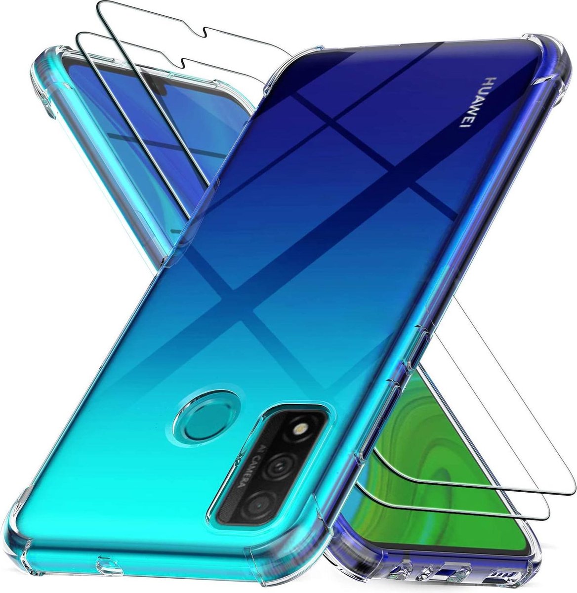 Huawei p smart 2020 Hoesje - Anti Shock Hybrid Case & 2X Tempered Glas Combi - Transparant
