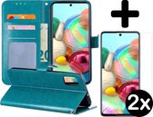 Hoesje Geschikt voor Samsung A71 Hoesje Book Case Hoes Portemonnee Cover Walletcase Met 2x Screenprotector - Hoes Geschikt voor Samsung Galaxy A71 Hoes Bookcase Hoesje - Turquoise.