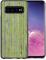 Smartphone Hoesje Geschikt voor Samsung Galaxy S10 Cover Case met Zwarte rand Green Wood