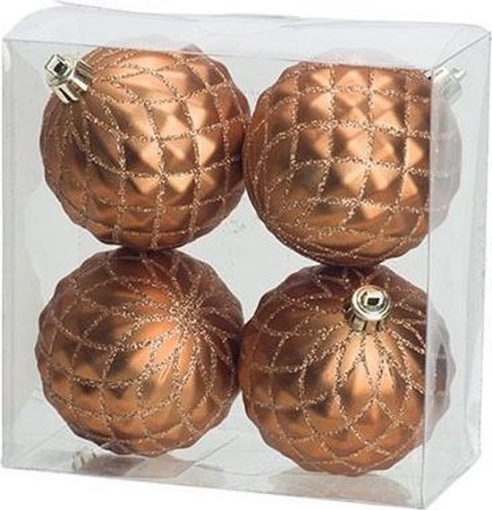 4x Luxe koperen kunststof kerstballen 8 cm - Onbreekbare plastic kerstballen - Kerstboomversiering koper