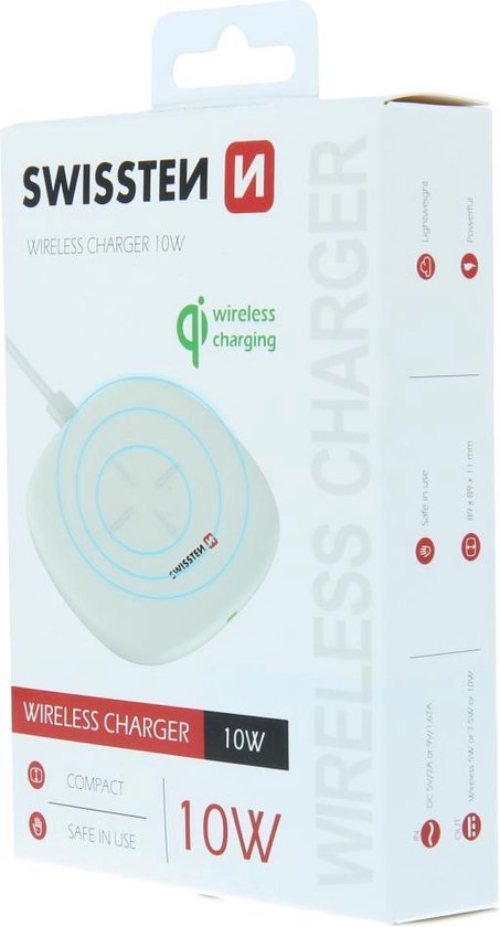 Swissten Draadloze QI Oplader - Wireless Charger - Snel Draadloos Opladen - 10W - Wit - Swissten