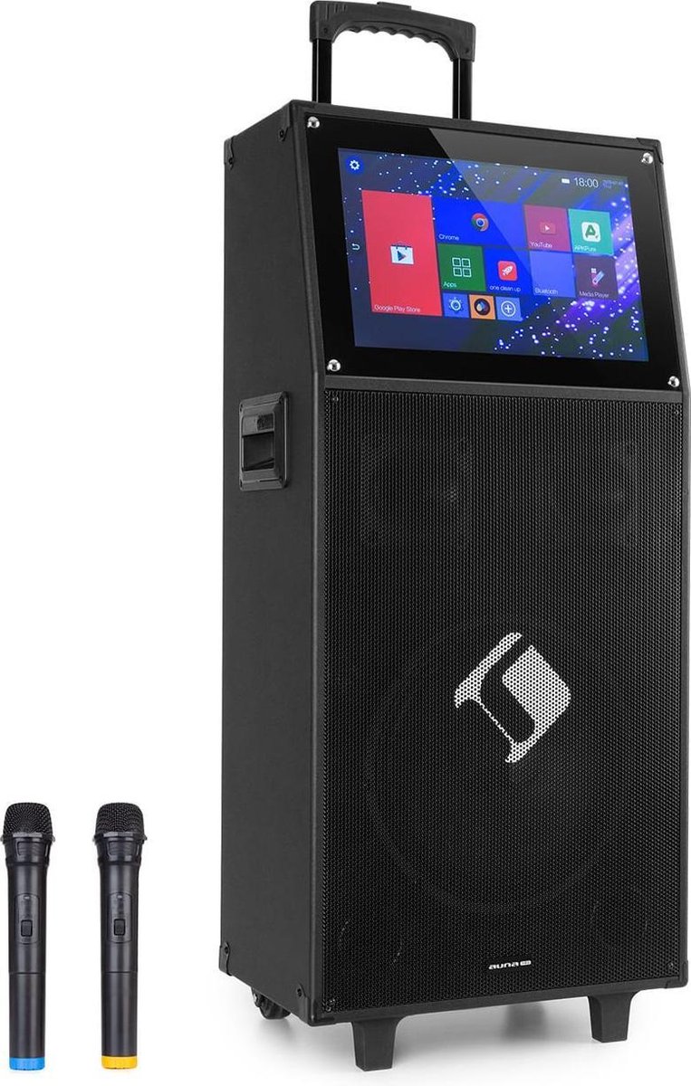 Auna KTV karaoke set met 2 draadloze microfoons - Karaokesysteem met 15,4 inch touchdisplay, bluetooth en WIFI - Met USB-, HDMI-, SD- en AUX-aansluiting - Met subwoofer en tweeters